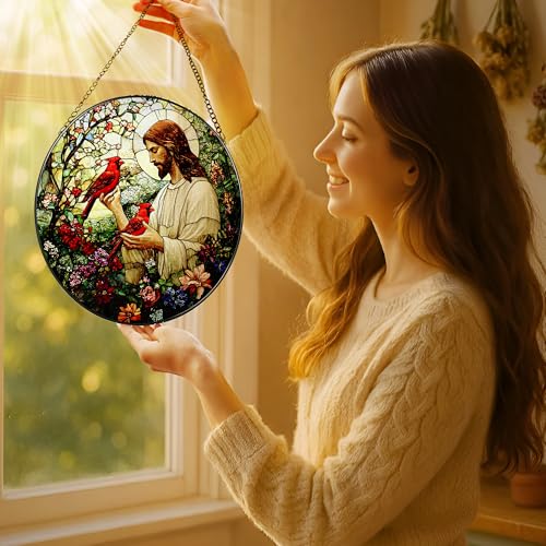 8 Inch Jesus with Cardinals Suncatcher Ornament