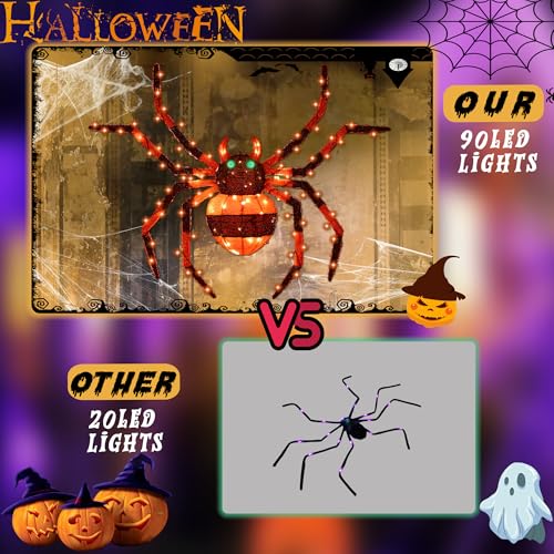 1 Piece】 4.6Ft Giant Spider Halloween Decorations Outdoor 55" Light Up Spider with 90 LED Lights for Front Yard (ZZ-006)
