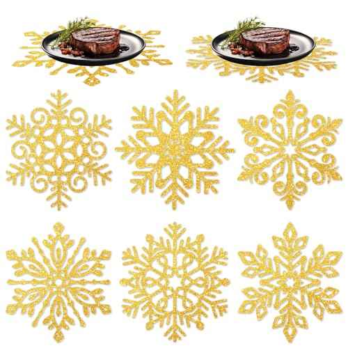 60Pcs Christmas Snowflake Paper Placemat Disposable Gold Glitter Snowflake Shaped Dining Table Setting for Winter Xmas Holiday Wedding Birthday Party Kitchen (60 Count)
