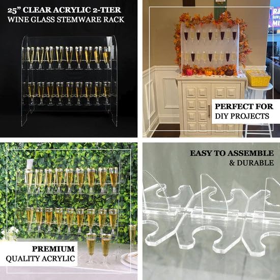 Tableclothsfactory Gold Mirror Finish 2-Tier Wine Glass Stemware Rack, 18 Champagne Flute Holder Foam Board Stand - 25" for Party & Decorations