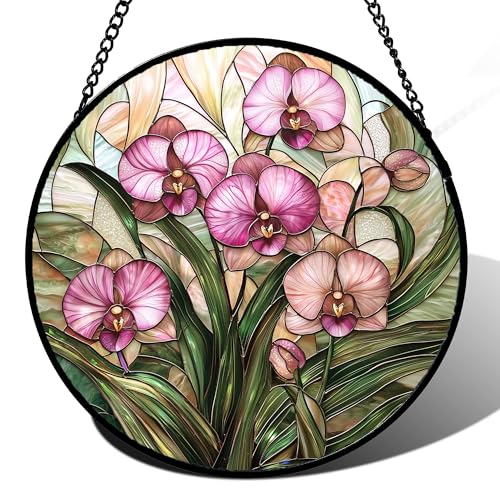 Phalaenopsis Orchid Stained Glass Window Hanging Decor Gifts for Women 7.8"