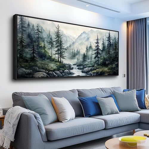 Large Black Framed Wall Decor For Living Room Canvas Wall Art For Office Modern Wall Decorations For Bedroom Misty Forest Painting Tree landscape Pictures Artwork Home Decor 24x48 In