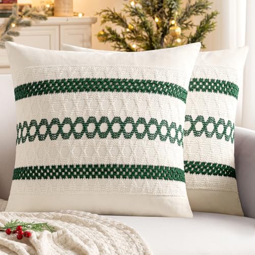 Set of 2 Dark Green Boho Christmas Decorative Pillow Covers 20x20 Inch (2 Count)