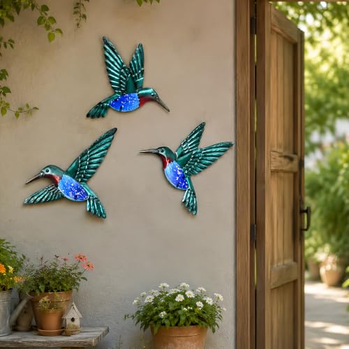 Metal Hummingbird Wall Art 8 inch Metal Birds Wall Sculpture Garden Decoration Outdoor Statue Hand (3 Count)