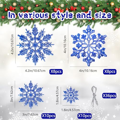 Christmas Tree Decorations Snowflake Ornaments 36Pcs Blue Silver Glitter Plastic Hanging Snowflakes from Ceiling Snow Flakes Decorating Hanging for Winter Wonderland Decorations Indoor Outdoor Decor (36 Count)