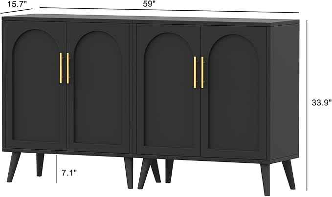 Rovaurx Set of 2 Storage Cabinet with 4 Doors, Modern Accent Bathroom Floor Cabinet, Buffet Cabinet Sideboard with Adjustable Shelves for Living Room, Entryway, Dining Room and Kitchen, Black