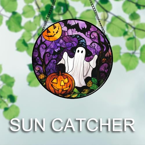 Stained Glass Window Hanging Halloween White Ghost Black Bat 7.8"