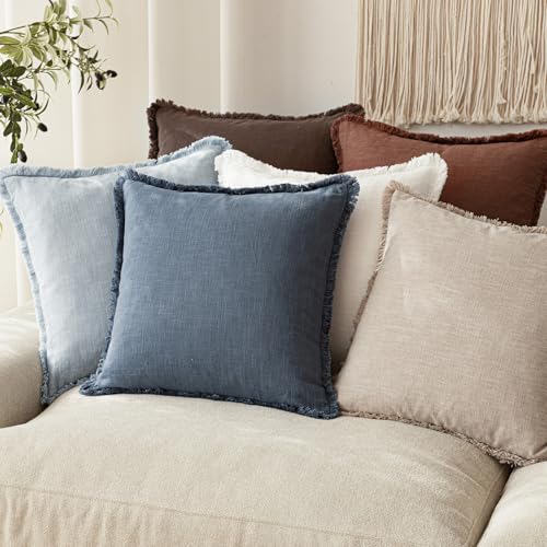 Decorative Linen Fringe Throw Pillow Covers 18×18 Inch (2 Count)