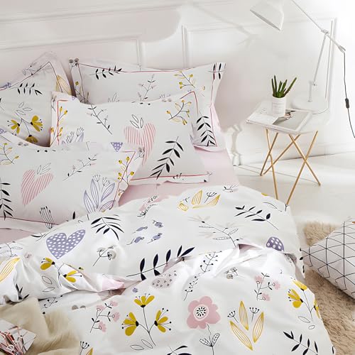 Girls Floral Comforter Set Twin XL Chic Flowers Leaves Pattern Comforter with 2 Pillowcases Fluffy Soft Cute Floral Bedding Set 3 Pieces Cottagecore Bedding Vintage Flowers Botanical Comforter Set