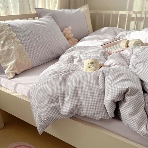 Purple Gingham Comforter Set King 3 Pieces Purple Grid Bedding Comforter with Romantic White Lace Fluffy Soft Microfiber Farmhouse Gingham Bedding Set Vintage Plaid Checkered Comforter Set