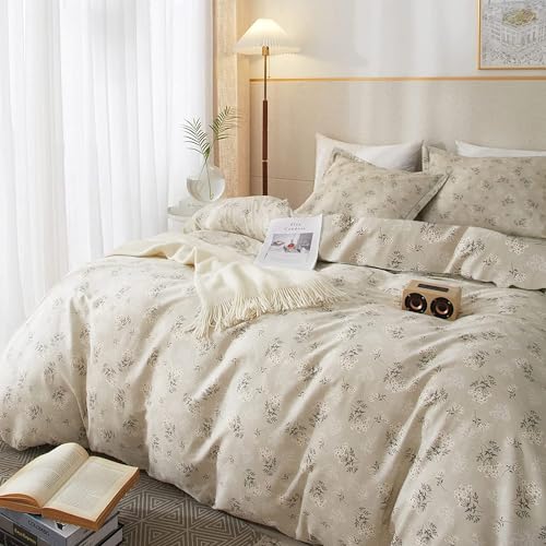 Boho Floral Comforter Set Full Size Vintage Style Floral Bedding Comforter with 2 Pillowcases Garden Flower Leaves Botanical Comforter Set Soft Fluffy 3 Pieces Bedding Set for Girls Women