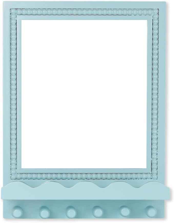 Tirzah 16x12 Inch Wall Mount Beaded Wood Framed Mirror with Shelf and 6 Hooks, Blue Decorative Entryway Mirror with Storage for Laundry Room, Bathroom, Bedroom