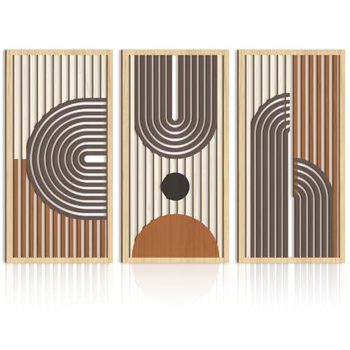 Mid Century Modern Decor 16x32 Inch Large Boho Wood Wall Art Abstract Wooden Wall Decor Minimalist Bohemian Orange Artwork for Living Room Bedroom Office Set of 3 (3 Count)