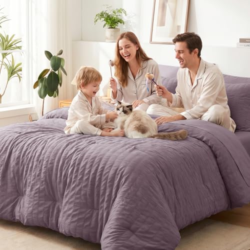 Twin XL Comforter Set 5 Pieces Dusty Purple Seersucker Bed in a Bag