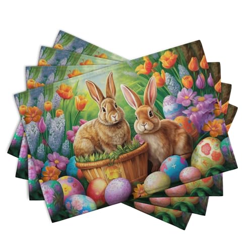 Easter Rabbits Eggs Placemats Set of 4 Easter Bunny Tulip Flowers Table Place Mats Seasonal Farmhouse Spring Holiday Table Mat for Party Kitchen Dining Outdoor Indoor Decor
