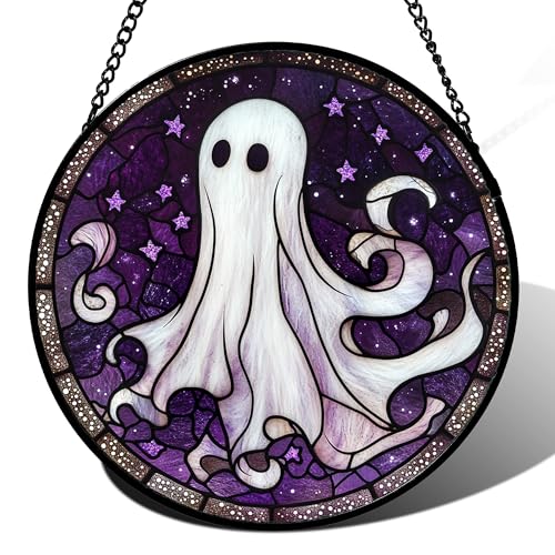 Halloween Purple Ghost Stained Glass Window Hanging Suncatcher Gifts 12"
