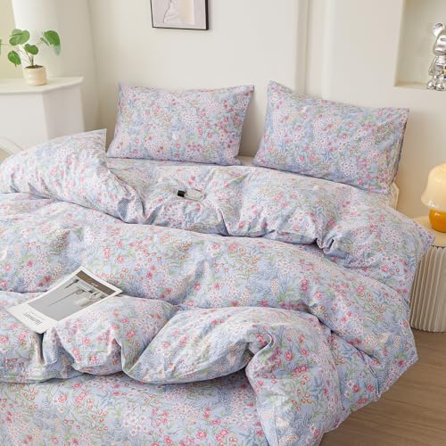 Blue Floral Queen Comforter Set Vintage Botanical Flowers Bedding Set