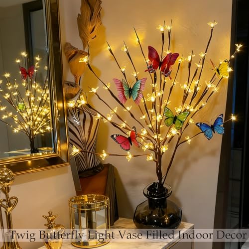 60 LED Battery Lit Stems Flowers Butterfly Branch for Window Vase Decor