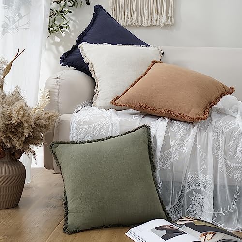 Decorative Linen Fringe Throw Pillow Covers 26×26 Olive Green (2 Count)
