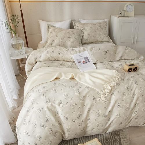 Boho Floral Comforter Set Full Size Vintage Style Floral Bedding Comforter with 2 Pillowcases Garden Flower Leaves Botanical Comforter Set Soft Fluffy 3 Pieces Bedding Set for Girls Women