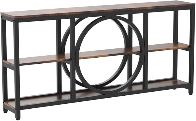 Tribesigns Extra Long Console Table, 70.9 inch Narrow Sofa Tables with 3 Tier Wood Storage Shelves Industrial Metal Frame for Entryway Hallway Living Room Behind Couch, Rustic Brown Black