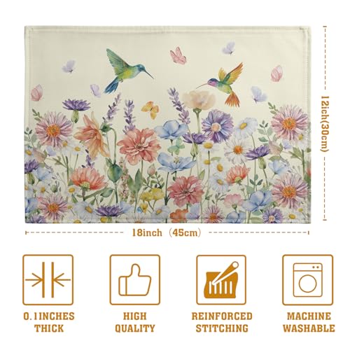 Flowers Bird Spring Summer Placemats Set of 4 Watercolor Floral Hummingbird Butterfly Place Mats 12x18 Inch Wildflowers Grass Seasonal Farmhouse Linen Table Mat for Kitchen Dining Decor (4 Count)