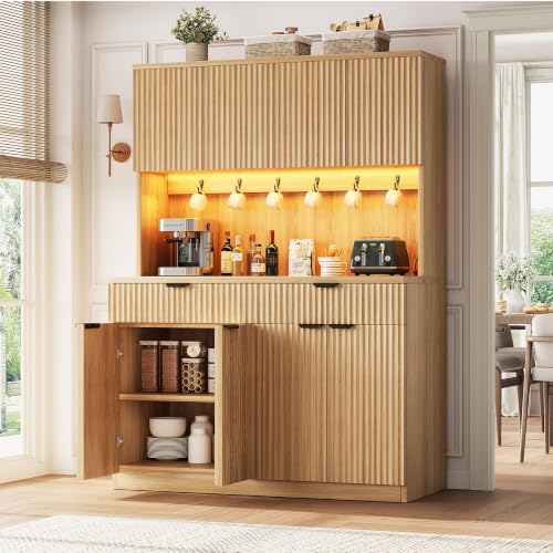 Fluted Kitchen Pantry Storage Cabinet with Charging Station & LED Lights