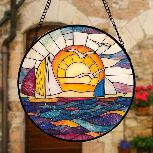 Sunset Sailboat Stained Glass Window Hanging Suncatcher Gifts Decor 9.8"