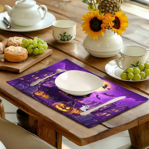 Purple Halloween Placemats Set of 4 Castle Witch Bats Pumpkin Spooky Place Mats Farmhouse Fall Holiday Table Mats for Party Kitchen Dining Outdoor Indoor Decor (4 Count)
