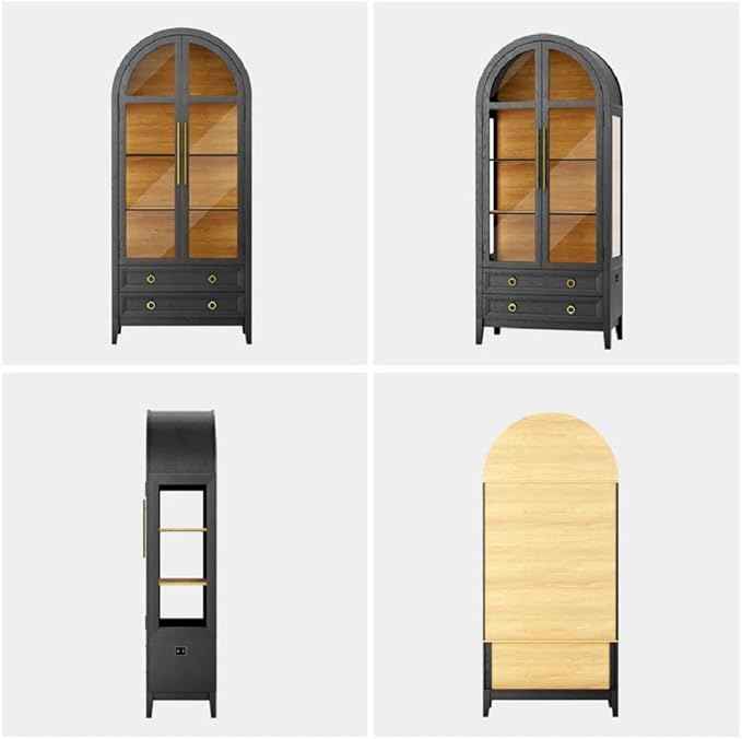 Arched Curio Cabinet with Glass Doors, 4-Tier Display Cabinet with 2 Drawers, Tall Bookcase with 3 Color Lights, Display Case, Kitchen Pantry, Black+Wood