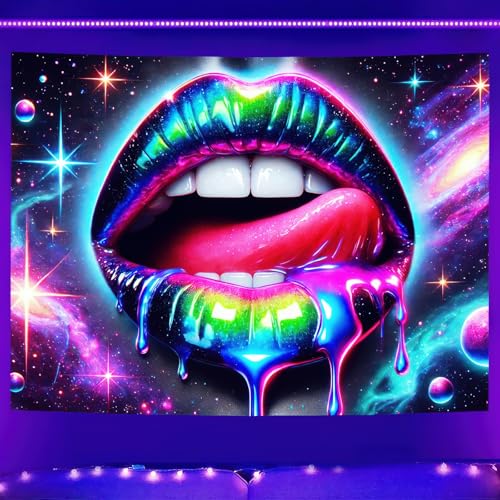 Blacklight Tapestry Rainbow Lips UV Backdrop 78 x 59 Inch