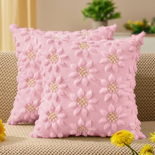 Spring Summer Pillow Covers 20x20 inch Set of 2 Pink Sunflower