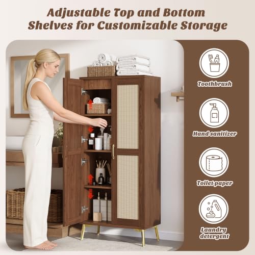 Tall Bathroom Storage Cabinet 57" Rattan Pantry Cabinet