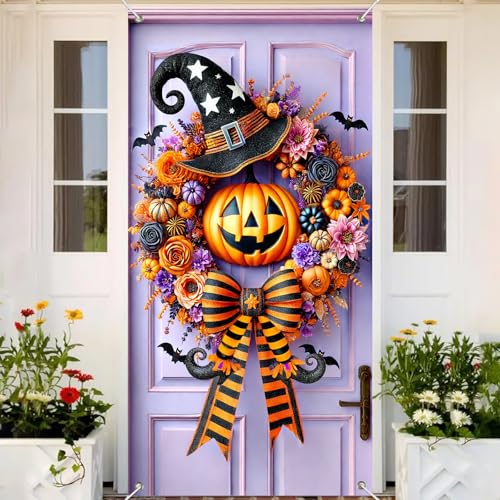 Halloween Witch Pumpkin Door Cover 35x71 Inch Fabric