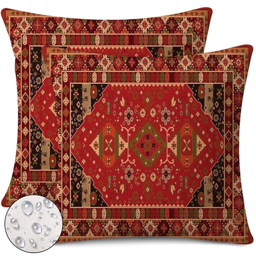 Outdoor Waterproof Pillow Covers 18X18 Inch Set of 2 Bohemian Vintage Carpet Pattern Pillow Covers Ethnic Design Decorative Farmhouse Cushion Case for Couch Red (8 Count)