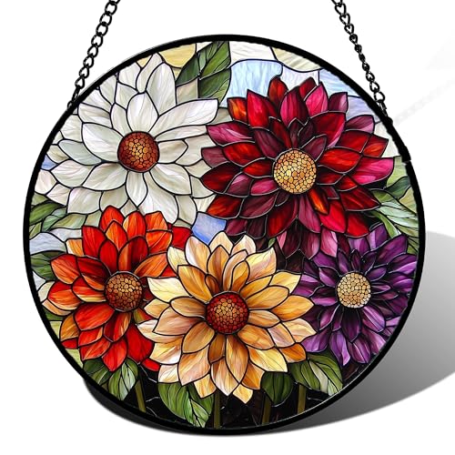 Stained Glass Window Hanging Color Dahlia Suncatcher Gifts for Women 7.8"