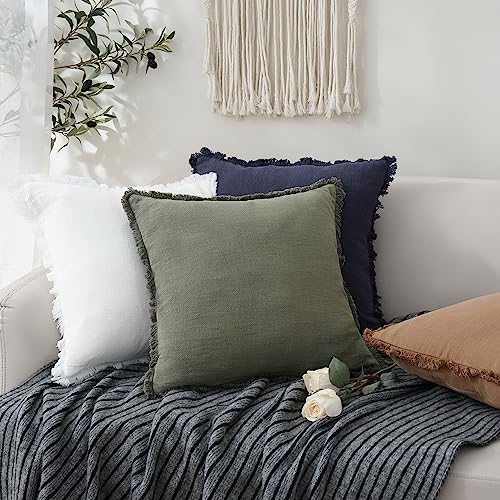 Decorative Linen Fringe Throw Pillow Covers 26×26 Olive Green (2 Count)