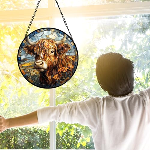 Scottish Highland Cow Stained Glass Window Hanging Suncatcher Gifts 7.8"