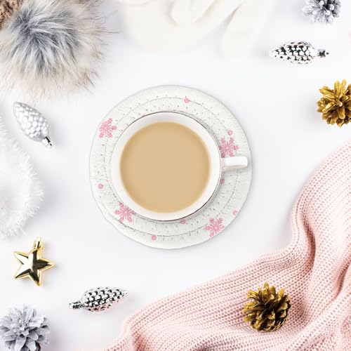 Winter Snowflake Coasters Handmade Braided Cotton Drink Coasters Pink Gray Christmas Snowflake Absorbent Cup Mats for Drinks Coffee Xmas Holiday Party Home Office Desk Table Decor (4 Count)