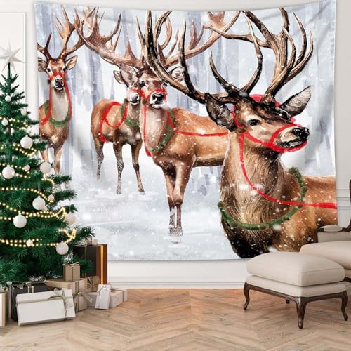 Winter Tapestry Wall Hanging Winter Forest Backdrop Christmas Snowy Deer Wall Decor Snow Elk Tapestries for Bedroom Living Room Dorm Party Decoration