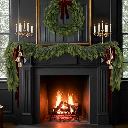 9FT Christmas Norfolk Pine Garland Real Touch Pine Artificial Garlands Faux Greenery Garland Winter Christmas Garland for Table Mantle Fireplace Indoor Outdoor Xmas Decorations (6 Count)