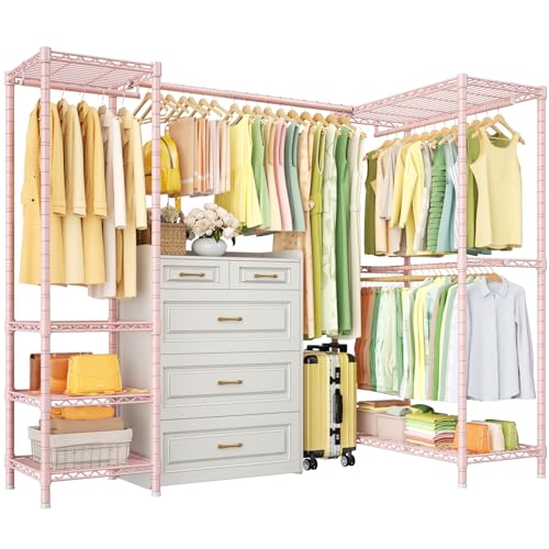 E10L L Shaped Clothes Rack for Corner（With Expandable Hanger Rod）Heavy Duty Freestanding Clothing Racks for Hanging Clothes