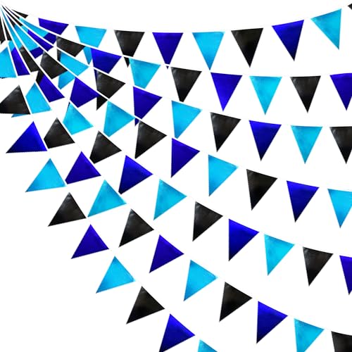 Black Blue Party Decorations Metallic Fabric Triangle Pennant Banner Flag Bunting Garland for Video Game Nautical Birthday Graduations Retirement Wedding Bachelorette Outdoor Holiday Party Supplies (32 Foot)