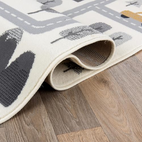 Kids Play Road Cityscape Playroom Runner Rug Cream 2' x 7'