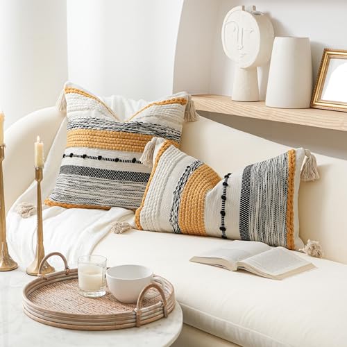 Yellow Mustard Decorative Throw Pillow Cover 18x18 Square Boho Accent Pillowcase Tassels Farmhouse Cushion for Couch Sofa Bedroom Living Room Home Décor Cover ONLY