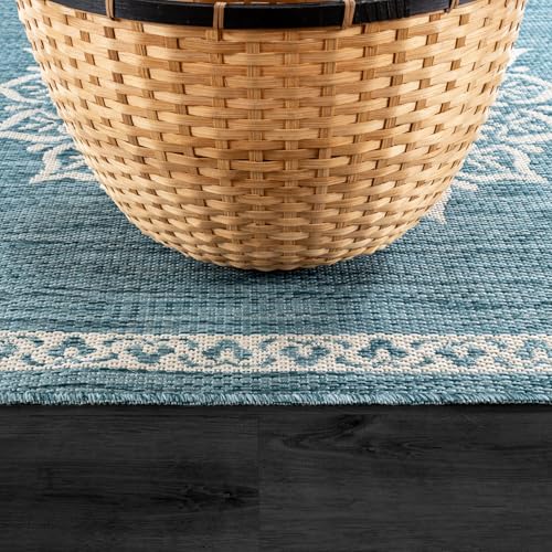 Outdoor Rug 6x9 Medallion Aqua Modern Area Rugs for Indoor and Outdoor Patios Kitchen and Hallway Mats Washable Porch Deck Outside Carpet (60 Sq Ft)