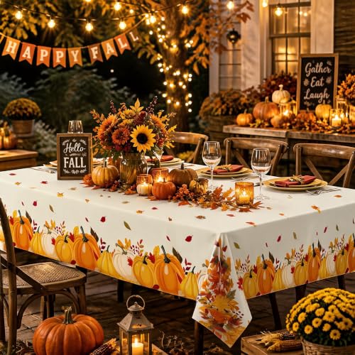 Fall Plastic Tablecloth 8 Packs Thanksgiving Disposable Table Cloth 54x108 Rectangle Table Cover with Pumpkin & Maple Leaf for Holiday Dinner Party Decorations Outdoor Picnic & Baby Showers