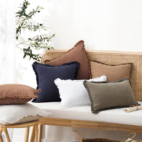 Decorative Linen Fringe Throw Pillow Covers 26×26 Khaki Brown (2 Count)