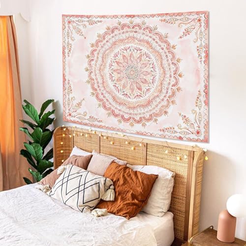 Boho Floral Mandala Tapestry Wall Hanging Pink Bohemian Flower Medallion Tapestry Aesthetic Watercolor Hippie Indian Small Tapestries for Bedroom Living Room Dorm Decor 40 x 30 Inch