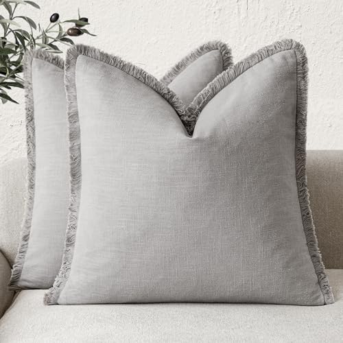 Decorative Linen Fringe Throw Pillow Covers 20×20 Light Gray (2 Count)